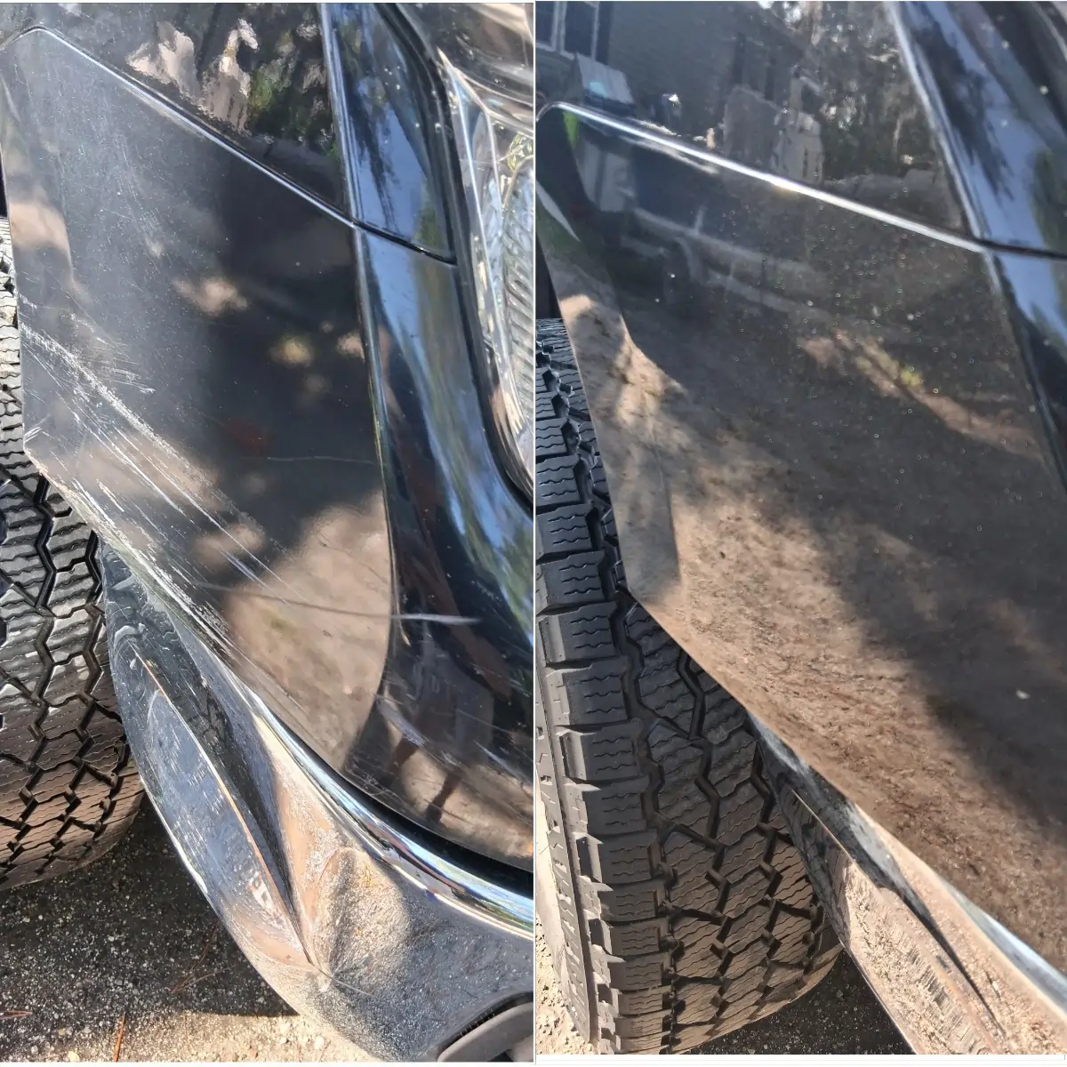Before and after comparison of paint correction and scratch removal on a black truck fender